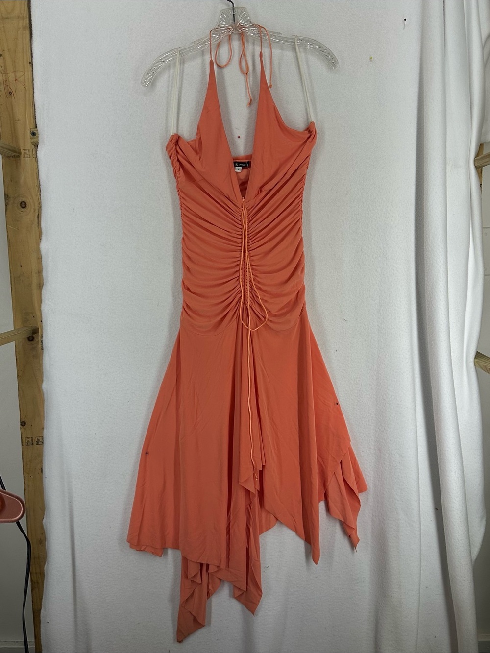 Body Language Halter Handkerchief Midi Dress Women’s Large Coral Ruched Y2K